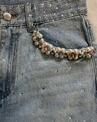 Jeans wide leg con applicazioni gioiello