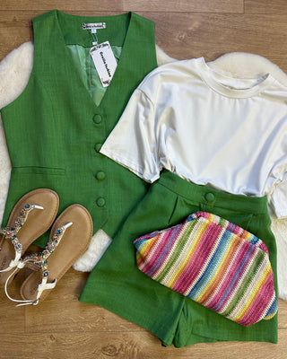 Coordinato verde con gilet e short 30% lino