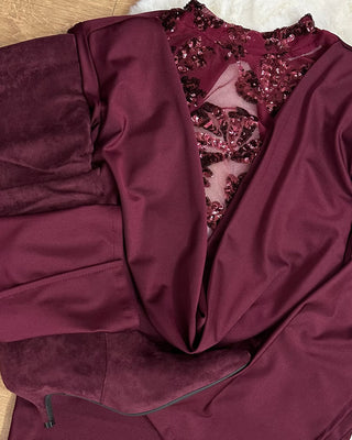 Dress Burgundy con Ricami & Maniche Aperte