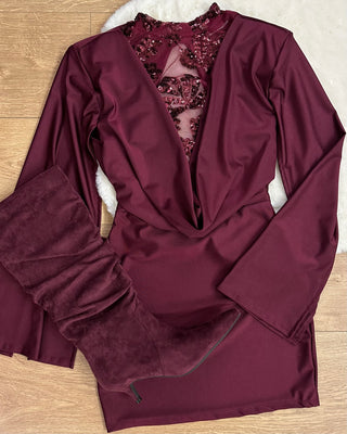 Dress Burgundy con Ricami & Maniche Aperte