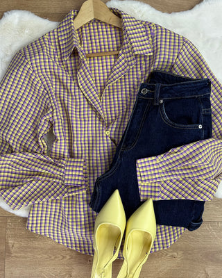 Camicia vichy 95% cotone lilla e giallo