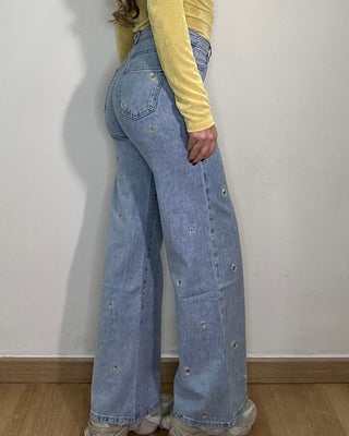 Jeans Wide Leg con margherite