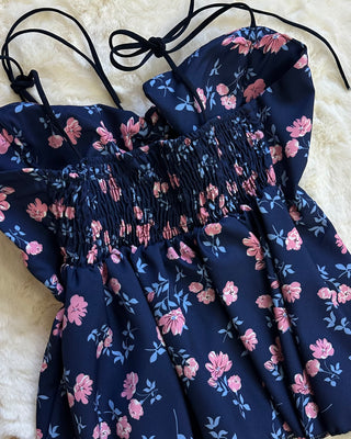 Top blu floreale con coppe push up