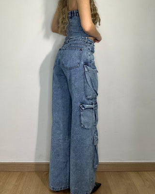 Coordinato denim - cargo + top 90% cotone