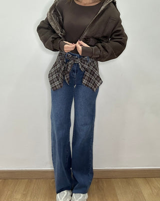 Jeans High Waist con Fascia Effetto Camicia