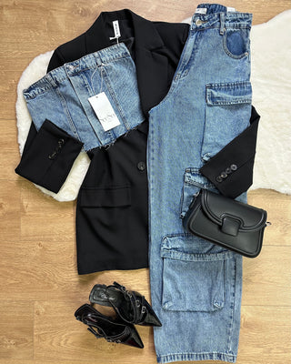 Coordinato denim - cargo + top 90% cotone