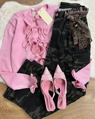 Cardigan paris rosa con rouches e laccetti frontali