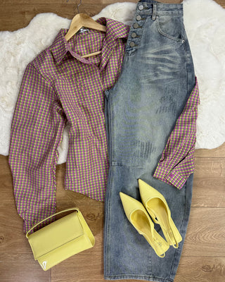 Camicia vichy 95% cotone rosa e giallo