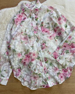 Camicia Paris floreale rosa con bottoni gioiello