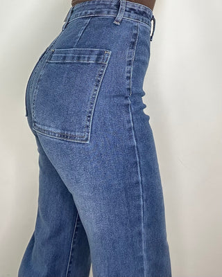 Jeans High Waist con Fascia Effetto Camicia