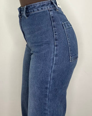 Jeans High Waist con Fascia Effetto Camicia