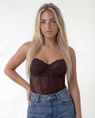 Corpetto bustier con ricami floreali nero e cioccolato