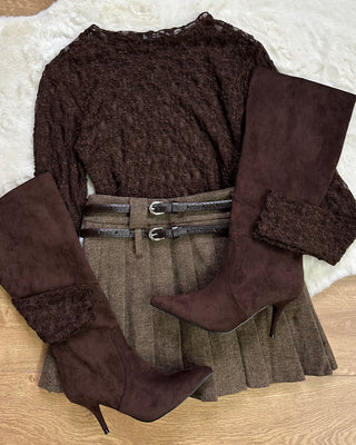 Maglia girocollo in pizzo cioccolato