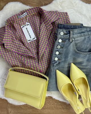 Camicia vichy 95% cotone rosa e giallo