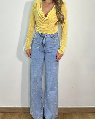 Jeans Wide Leg con margherite