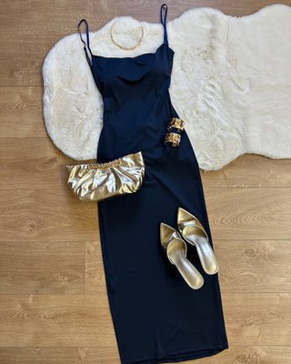 Abito longuette blu navy con spacco laterale