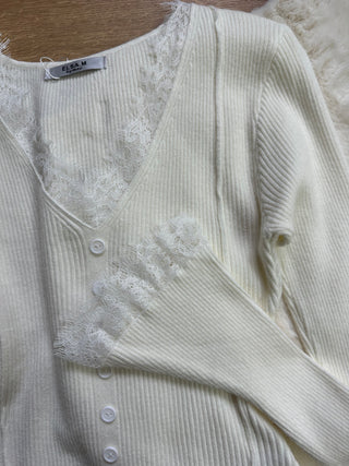 Maglia Paris a costine con inserti in pizzo gialla e bianca