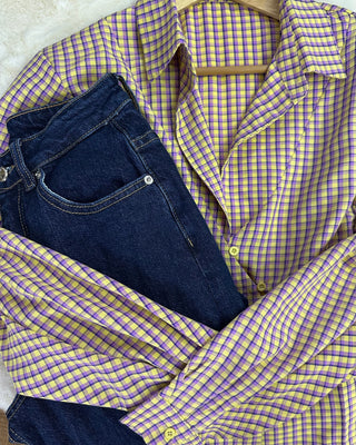 Camicia vichy 95% cotone lilla e giallo