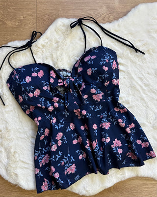 Top blu floreale con coppe push up