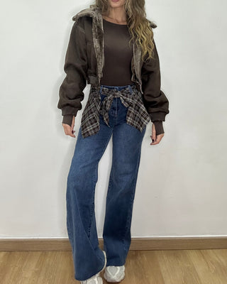 Jeans High Waist con Fascia Effetto Camicia
